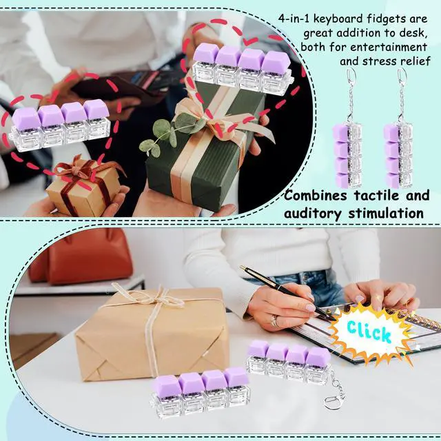 Alt view image 4 of 7 - 2 Pcs Keyboard Fidget Toy, Keyboard Fidget Keychain 4-in-1 Keyboard Decompression Button Finger Clicker Toys, Button Stress Relief Fidget Gifts for Adult to Relief Stress (Purple)