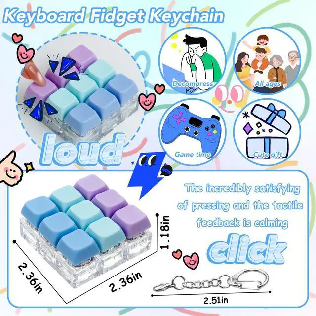 Alt view image 3 of 7 - Keyboard Fidget Toy Keychain for Stress Relief, 9-in-1 Finger Clicky Decompression Button Keychain with Swappable Keycaps, Mini Mechanical Key Fidget for Kids Adult Office Desk Focus Birthday Gifts
