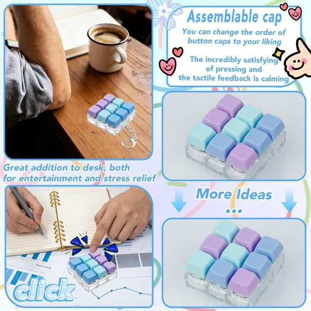 Alt view image 4 of 7 - Keyboard Fidget Toy Keychain for Stress Relief, 9-in-1 Finger Clicky Decompression Button Keychain with Swappable Keycaps, Mini Mechanical Key Fidget for Kids Adult Office Desk Focus Birthday Gifts