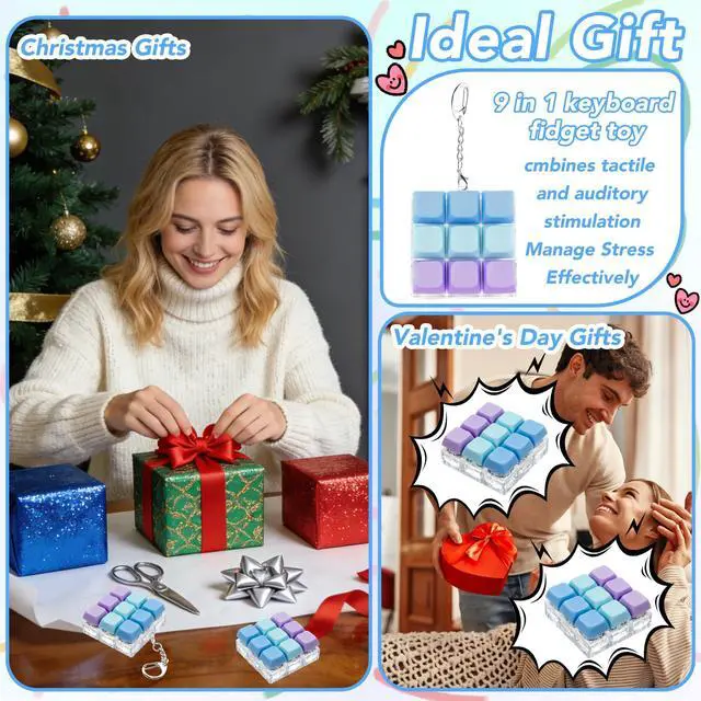 Alt view image 6 of 7 - Keyboard Fidget Toy Keychain for Stress Relief, 9-in-1 Finger Clicky Decompression Button Keychain with Swappable Keycaps, Mini Mechanical Key Fidget for Kids Adult Office Desk Focus Birthday Gifts