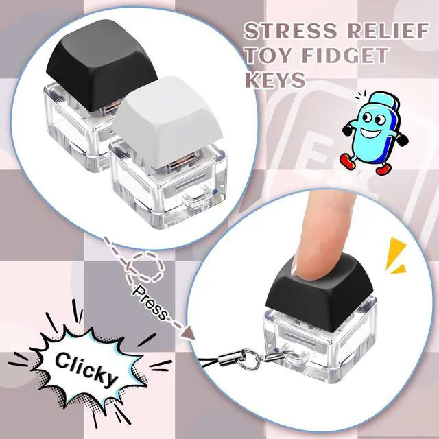 Alt view image 6 of 7 - Keyboard Toy Clicker Keyboard Fidget Keychain Decompression Toys Button Stress Relief Gifts for Adult to Relief Stress Pass the Time(Black, White,Normal Style)