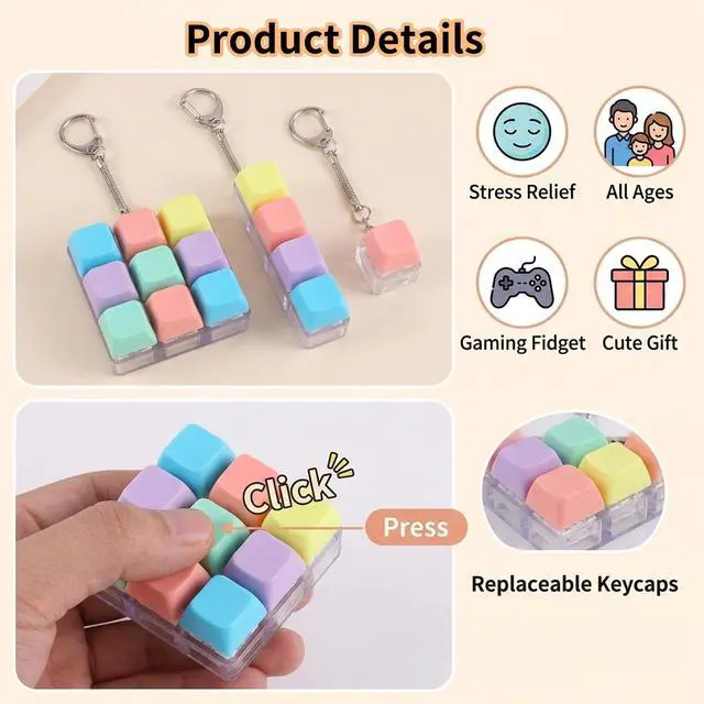 Alt view image 4 of 7 - Keyboard Fidget, Clicker Fidget Set with Quiet and Audible Options, Stress Relief Tools for Office Focus and Travel Anxiety Management, Portable Keychain Design for Adults