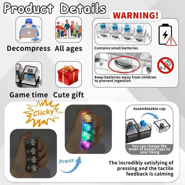Alt view image 3 of 6 - Keyboard Fidget Toy Light Up Clicker with Clear Keycaps Keychain