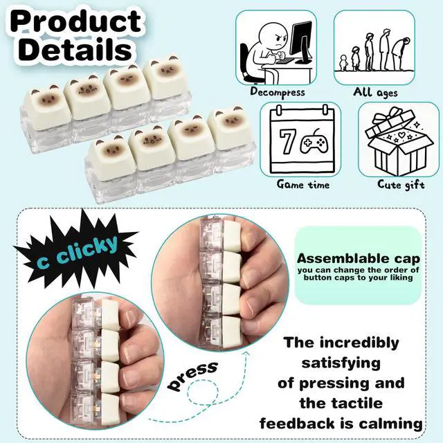 Alt view image 3 of 7 - 2 Pack Cute Cat Keyboard Fidget Toy Clicky, Creamy Stress Relief Fidget Clicker Keychain Quiet Fidget Toys for Adults, Boost Focus & Calm Anxiety at Work, Travel Ideal Stress
