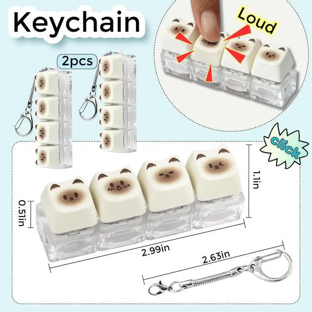 Alt view image 2 of 7 - 2 Pack Cute Cat Keyboard Fidget Toy Clicky, Creamy Stress Relief Fidget Clicker Keychain Quiet Fidget Toys for Adults, Boost Focus & Calm Anxiety at Work, Travel Ideal Stress