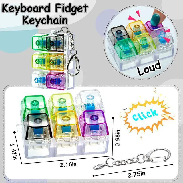 Alt view image 3 of 7 - 6-in-1 Keyboard Fidget Toy Keychain, Mini Finger Clicker Sensory Fidget Buttons, Pocket Stress and Anxiety Relief Sensory Toy, Focus Fidget Gift for Adults Office Travel (Transparent Colors