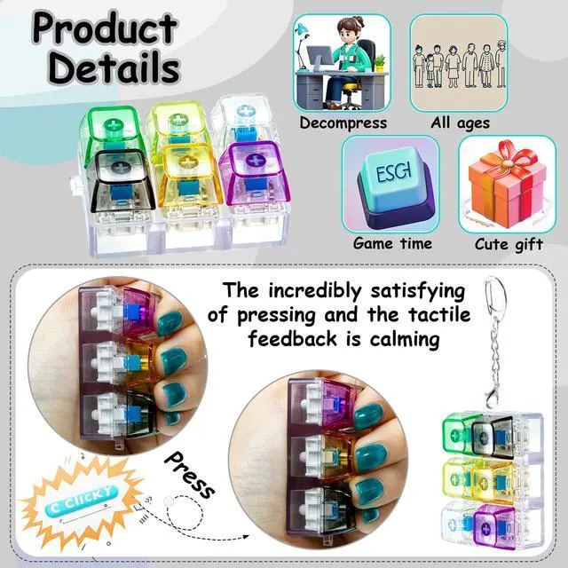 Alt view image 4 of 7 - 6-in-1 Keyboard Fidget Toy Keychain, Mini Finger Clicker Sensory Fidget Buttons, Pocket Stress and Anxiety Relief Sensory Toy, Focus Fidget Gift for Adults Office Travel (Transparent Colors