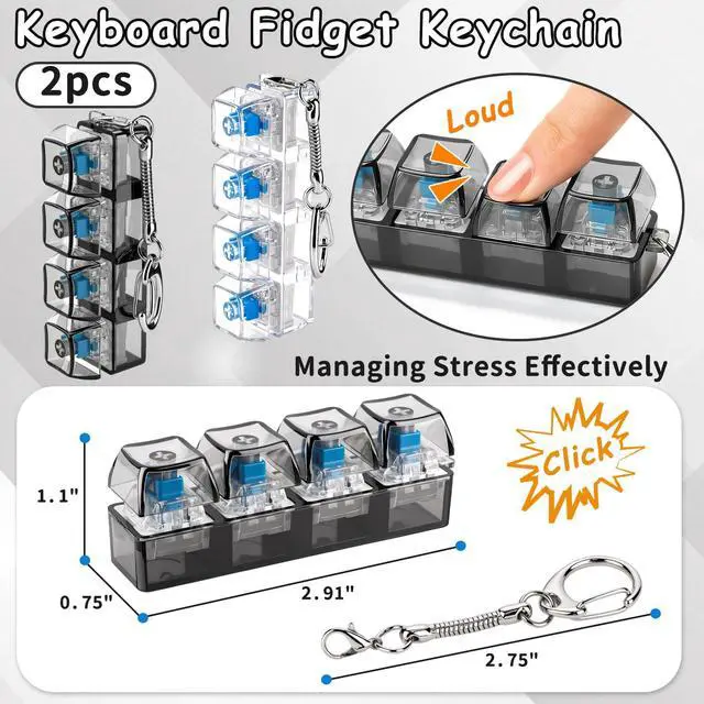 Alt view image 2 of 6 - 2 Pack Keyboard Fidget Toy Finger Clicker with Clear Keycaps Keychain