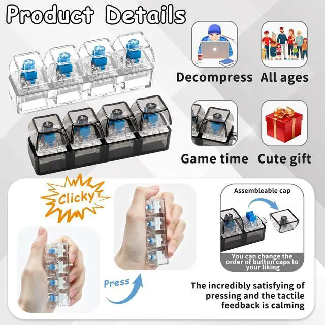 Alt view image 3 of 6 - 2 Pack Keyboard Fidget Toy Finger Clicker with Clear Keycaps Keychain