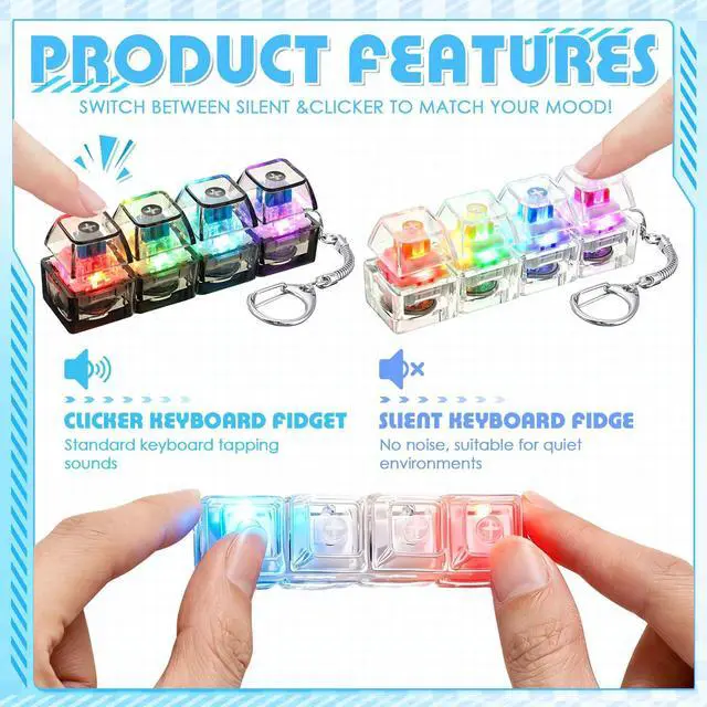 Alt view image 2 of 7 - Keyboard Fidget Toy with LED Light, Clicky and Silent Clicker Keychain Back to School Gift Fidget Mechanical Button Clicker Stress Relief Gift for First Day of School Office Home