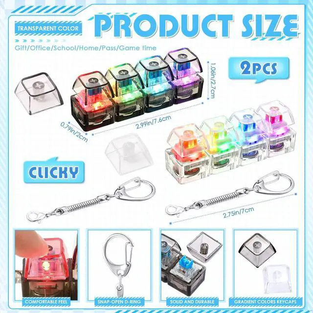 Alt view image 3 of 7 - Keyboard Fidget Toy with LED Light, Clicky and Silent Clicker Keychain Back to School Gift Fidget Mechanical Button Clicker Stress Relief Gift for First Day of School Office Home