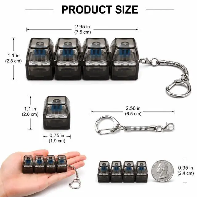 Alt view image 3 of 7 - Keyboard Fidget Toy, 2PCS Clicker Fidget Toys Decompression Button 4-in-1 Keyboard Keychain, Cool Stress Relief Fidget Toy for Adults (Clear Black and White)