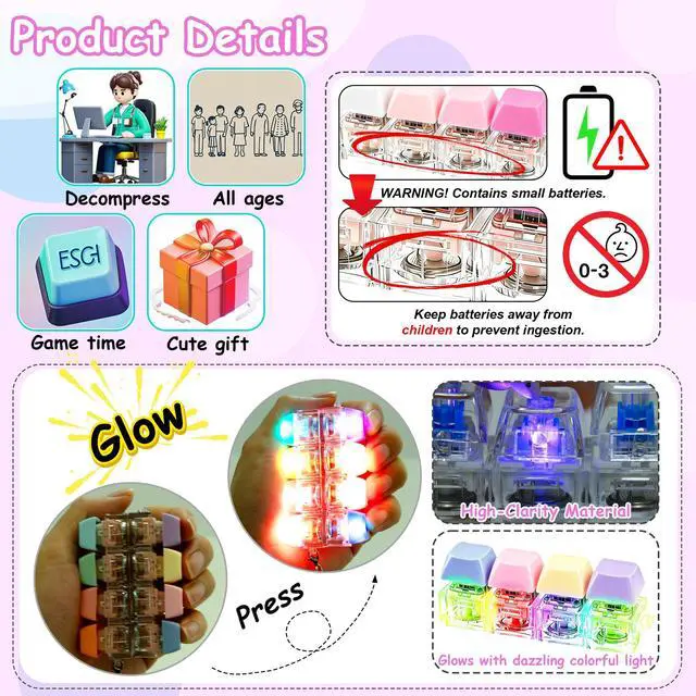Alt view image 2 of 7 - 2 PCS Glow Keyboard Fidget Toy, Keyboard Fidget with LED Light Keychain 4-in-1 Quiet Button Fidget Toy, Silent Sensory Stress Relief Toy for Focus, Gifts for Kids and Adults (Blue Orange+Blue Purple)