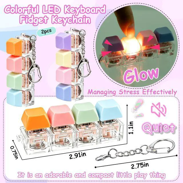 Alt view image 3 of 7 - 2 PCS Glow Keyboard Fidget Toy, Keyboard Fidget with LED Light Keychain 4-in-1 Quiet Button Fidget Toy, Silent Sensory Stress Relief Toy for Focus, Gifts for Kids and Adults (Blue Orange+Blue Purple)