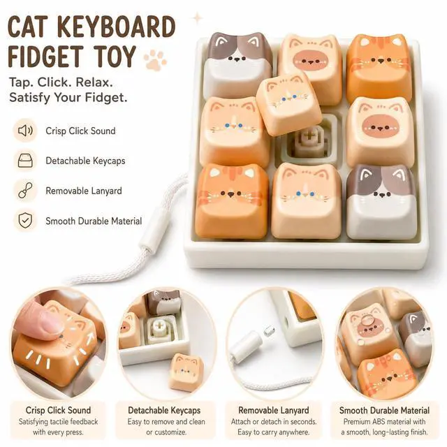 Alt view image 2 of 7 - 2026 New Sound Keyboard Fidget Keychain, Fidget Keyboard for Stress Relief, Sound Keyboard Fidget Clicker for Office,Travel, Anxiety Keyboard Keychain Gift (Cat)