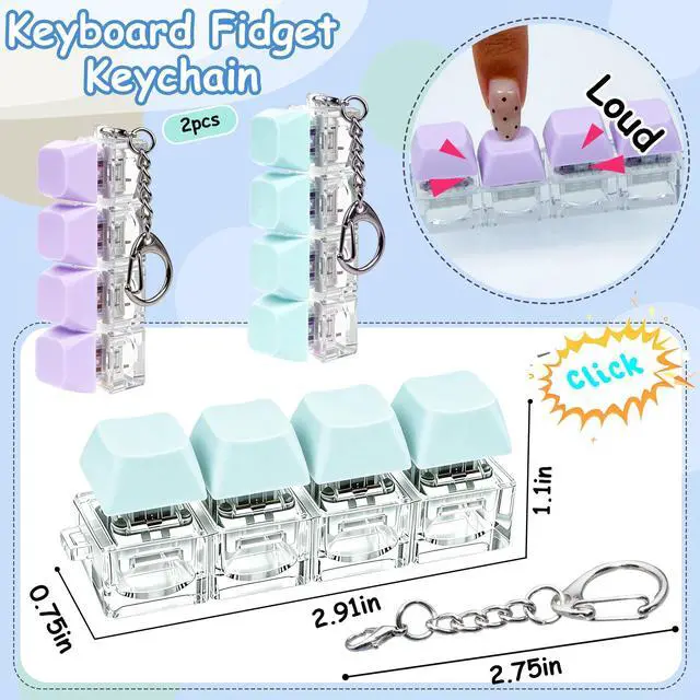 Alt view image 2 of 7 - 2 PCS Keyboard Fidget Toy, Keyboard Fidget Keychain 4-in-1 Keyboard Decompression Button Finger Clicker Toys, Button Stress Relief Fidget Gifts to Relief Stress (Purple Blue)