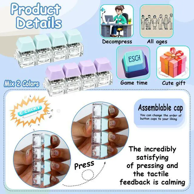 Alt view image 4 of 7 - 2 PCS Keyboard Fidget Toy, Keyboard Fidget Keychain 4-in-1 Keyboard Decompression Button Finger Clicker Toys, Button Stress Relief Fidget Gifts to Relief Stress (Purple Blue)
