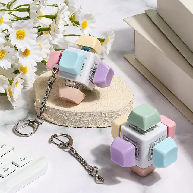 Alt view image 3 of 7 - 2 Pcs Cube Keyboard Fidget Toy, Keyboard Keychain Decompression Toys, Push Bubble Button Sensory Gifts for Stress and Anxiety Relieve (Macaron Colors)