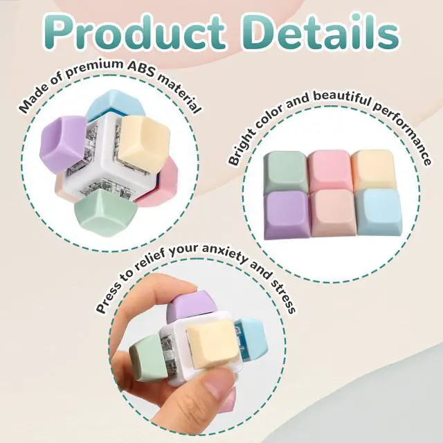 Alt view image 5 of 7 - 2 Pcs Cube Keyboard Fidget Toy, Keyboard Keychain Decompression Toys, Push Bubble Button Sensory Gifts for Stress and Anxiety Relieve (Macaron Colors)