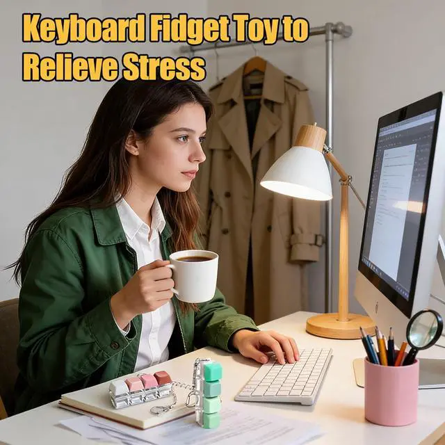 Alt view image 6 of 6 - 2Pcs Keyboard Fidget Toy, Keyboard Fidget Keychain 4-in-1 Keyboards Decompression Button Finger Clicker Toys, Sensory Fun Toys Button Stress Relief Fidgets Gifts to Relieve Stress for Adults