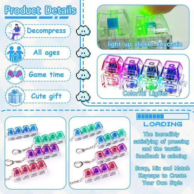 Alt view image 4 of 7 - 4 Pcs Keyboard Fidget Toy, Keyboard Fidget with LED Light Keyboard Keychain, Light up Fidget Clicker for Stress Relief ADHD Anxiety Gifts for Adults (Multicolor)