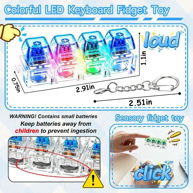 Alt view image 3 of 7 - 4 Pcs Keyboard Fidget Toy, Keyboard Fidget with LED Light Keyboard Keychain, Light up Fidget Clicker for Stress Relief ADHD Anxiety Gifts for Adults (Multicolor)