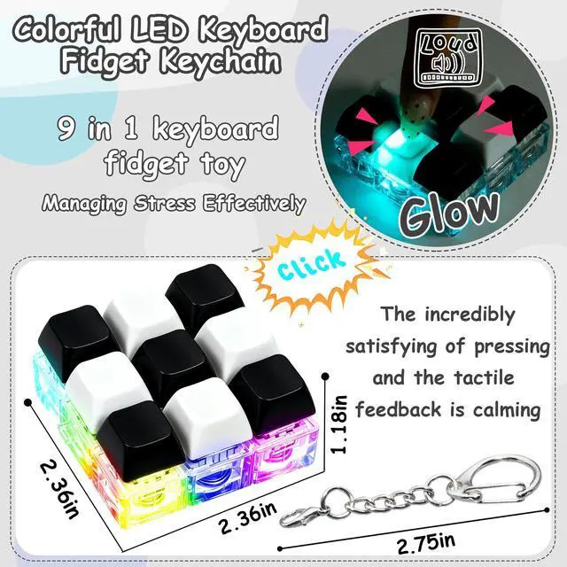 Alt view image 3 of 7 - LED Light Keyboard Fidget Toy for Adults Kids, Glow Keyboard Fidget Keychain 9 in 1 Stress Relief Keyboard Decompression Button Finger Clicker Toys, Button Fidget Gifts to Relief Stress(Black White)