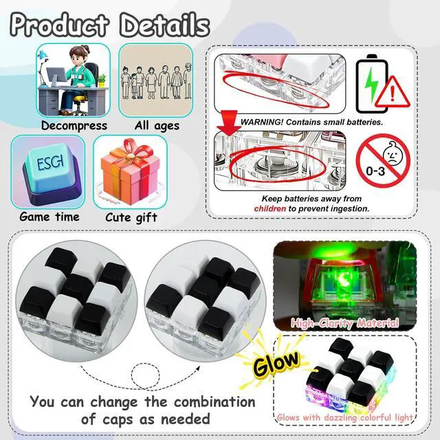 Alt view image 4 of 7 - LED Light Keyboard Fidget Toy for Adults Kids, Glow Keyboard Fidget Keychain 9 in 1 Stress Relief Keyboard Decompression Button Finger Clicker Toys, Button Fidget Gifts to Relief Stress(Black White)