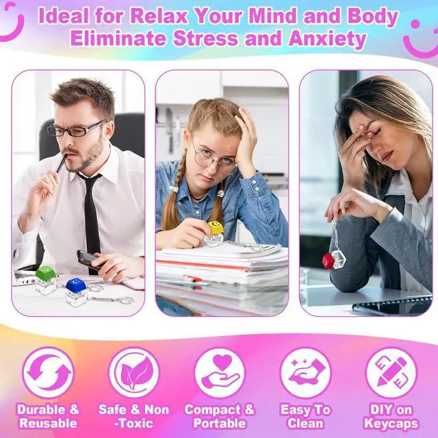 Alt view image 5 of 6 - Keyboard Fidget Toy Fidget Clicker Keyboard Keychain Decompression Relief Toys Button Stress Relief Gifts for Adults Kids Pass the Time (Vibrant Color,60 Pcs)