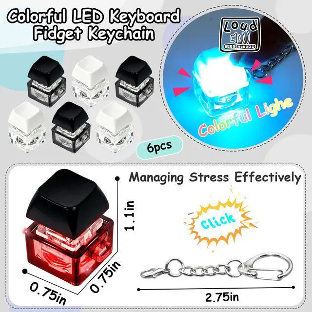 Alt view image 3 of 7 - 6 Pack Keyboard Fidget Toy Keyboard Fidget Keychain,Keyboard Clicker with LED Light,Button Stress Relief Fidget Gifts for Adult to Relief Stress (2 Colors Black White)