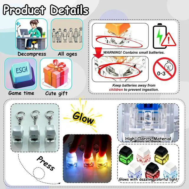 Alt view image 4 of 7 - 6 Pack Keyboard Fidget Toy Keyboard Fidget Keychain,Keyboard Clicker with LED Light,Button Stress Relief Fidget Gifts for Adult to Relief Stress (2 Colors Black White)