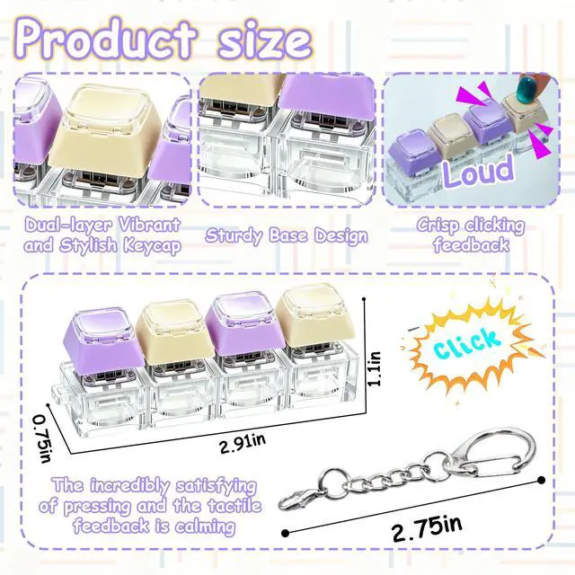 Alt view image 3 of 7 - Keyboard Fidget Toy, Double Layer Keycap Keyboard Fidget Keychain 4-in-1 Keyboard Decompression Button Finger Clicker Toys, Portable Tactile Button Sensory Toys Stress Relief Gifts(PurpleYellow