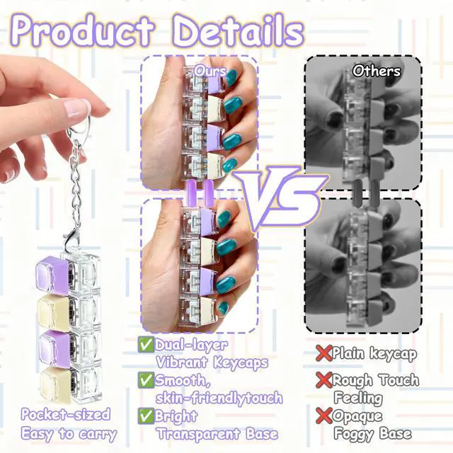 Alt view image 4 of 7 - Keyboard Fidget Toy, Double Layer Keycap Keyboard Fidget Keychain 4-in-1 Keyboard Decompression Button Finger Clicker Toys, Portable Tactile Button Sensory Toys Stress Relief Gifts(PurpleYellow
