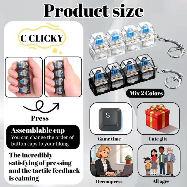 Alt view image 3 of 7 - Keyboard Fidget Toy for Adults Fidget Clicker Decompression 4-in-1 Keyboard Fidgets Keychain Button Finger Clicker Toys Cube Mechanical Key Button Clickers for Adult