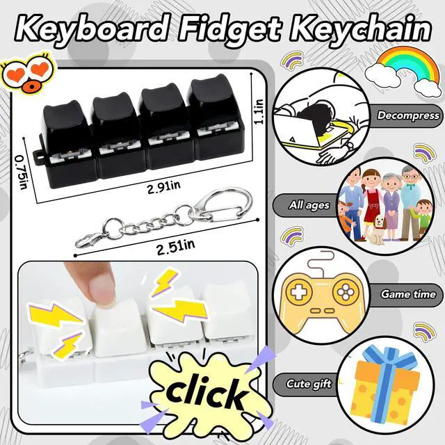 Alt view image 2 of 7 - 2 PCS White & Black Keyboard Fidget Toy, Cat Shape Keyboard Fidget Keychain 4-in-1 Keyboard Decompression Button Finger Clicker Toys, Button Stress Relief Fidget Gifts to Relief Stress (Cat)