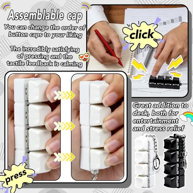Alt view image 3 of 7 - 2 PCS White & Black Keyboard Fidget Toy, Cat Shape Keyboard Fidget Keychain 4-in-1 Keyboard Decompression Button Finger Clicker Toys, Button Stress Relief Fidget Gifts to Relief Stress (Cat)