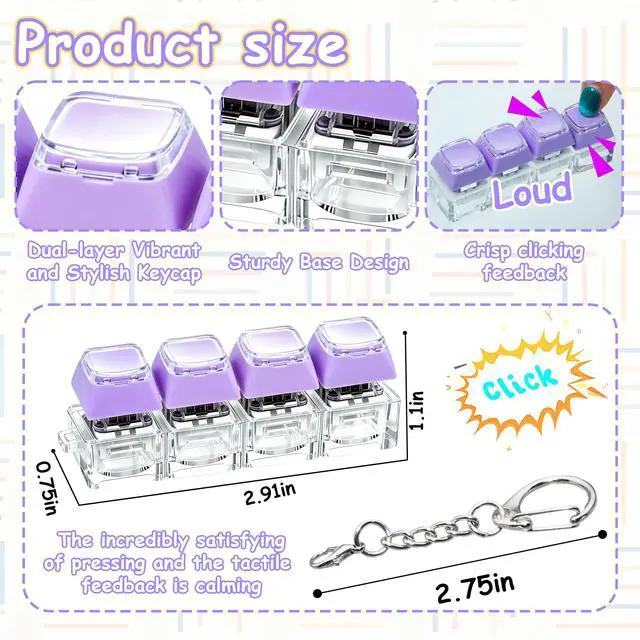 Alt view image 3 of 7 - 2 PCS Keyboard Fidget Toy, Double Layer Keycap Keyboard Fidget Keychain 4-in-1 Keyboard Decompression Button Finger Clicker Toys,Portable Tactile Button Sensory Fidget Toys Stress Relief Gifts(Purple
