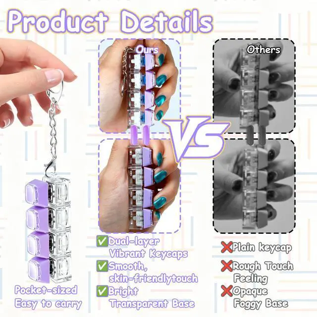 Alt view image 4 of 7 - 2 PCS Keyboard Fidget Toy, Double Layer Keycap Keyboard Fidget Keychain 4-in-1 Keyboard Decompression Button Finger Clicker Toys,Portable Tactile Button Sensory Fidget Toys Stress Relief Gifts(Purple