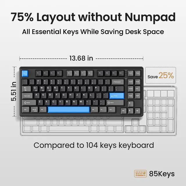 Alt view image 3 of 7 - Wireless Mechanical Keyboard, 75% Layout, Bluetooth/2.4GHz/USB-C, Custom RGB Backlit, Hot-Swappable Linear Switch, Creamy Sound for Gaming/Typing (Textured Black)