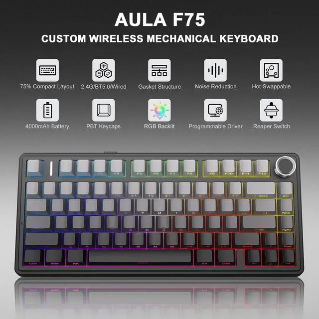 Alt view image 2 of 7 - Wireless Mechanical Keyboard, 75% Gasket Mount Hot Swappable Gaming Keyboard with Knob, Creamy Sound Pre-lubed Linear Switches, Tri-Mode BT/2.4G/USB-C RGB PBT Keycaps for PC Mac