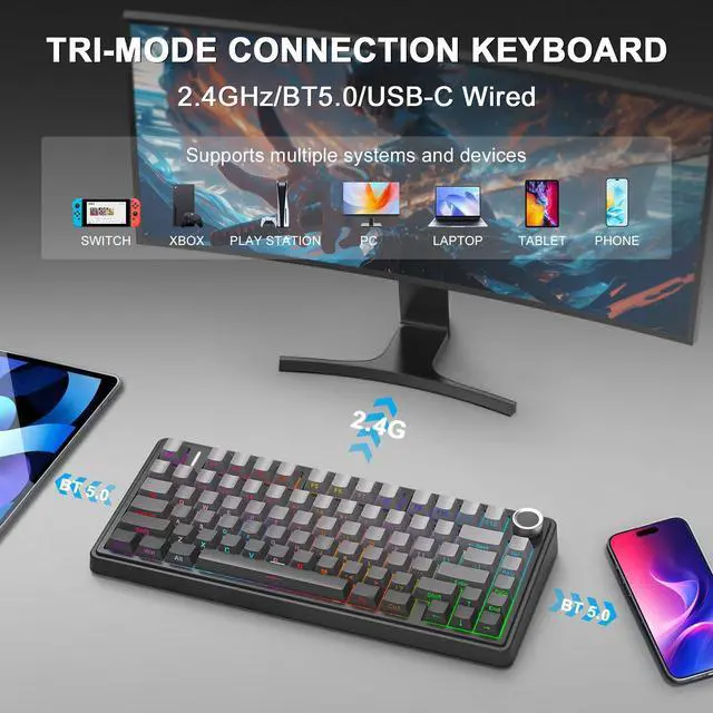 Alt view image 3 of 7 - Wireless Mechanical Keyboard, 75% Gasket Mount Hot Swappable Gaming Keyboard with Knob, Creamy Sound Pre-lubed Linear Switches, Tri-Mode BT/2.4G/USB-C RGB PBT Keycaps for PC Mac