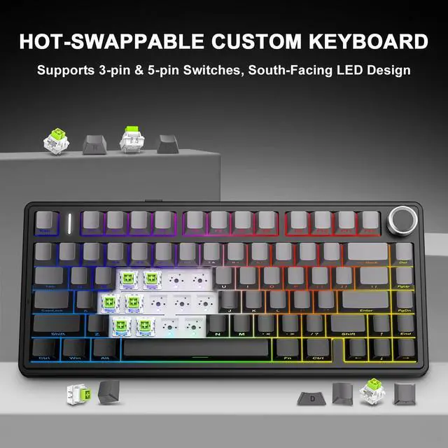 Alt view image 5 of 7 - Wireless Mechanical Keyboard, 75% Gasket Mount Hot Swappable Gaming Keyboard with Knob, Creamy Sound Pre-lubed Linear Switches, Tri-Mode BT/2.4G/USB-C RGB PBT Keycaps for PC Mac