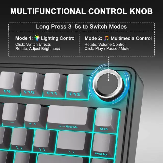 Alt view image 7 of 7 - Wireless Mechanical Keyboard, 75% Gasket Mount Hot Swappable Gaming Keyboard with Knob, Creamy Sound Pre-lubed Linear Switches, Tri-Mode BT/2.4G/USB-C RGB PBT Keycaps for PC Mac