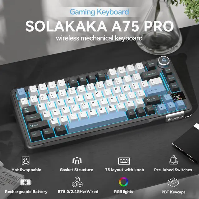 Alt view image 2 of 7 - Black Gaming Keyboard 75% Wireless Mechanical with Screen and Knob, RGB Backlit Hot Swappable Gasket Pre-lubed PBT Keycaps for PC/Mac/Win