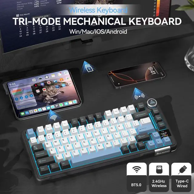 Alt view image 3 of 7 - Black Gaming Keyboard 75% Wireless Mechanical with Screen and Knob, RGB Backlit Hot Swappable Gasket Pre-lubed PBT Keycaps for PC/Mac/Win