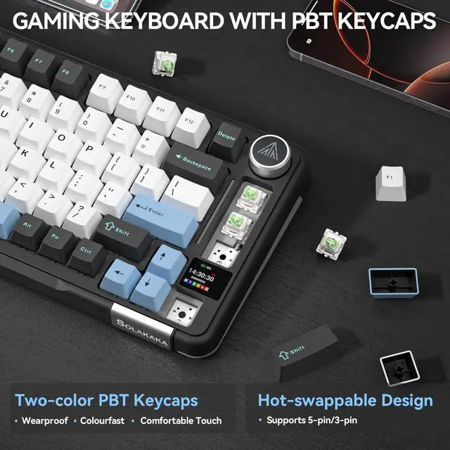 Alt view image 4 of 7 - Black Gaming Keyboard 75% Wireless Mechanical with Screen and Knob, RGB Backlit Hot Swappable Gasket Pre-lubed PBT Keycaps for PC/Mac/Win