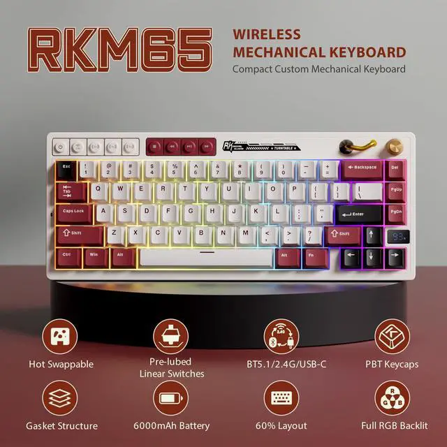Alt view image 2 of 7 - Wireless Mechanical Keyboard with Volume Knob, 60% Tri-Mode Gaming Keyboard 2.4G/BT/USB-C, Gasket Mount, Battery Display, PBT Keycaps, Hot-Swappable Cream Switch, White