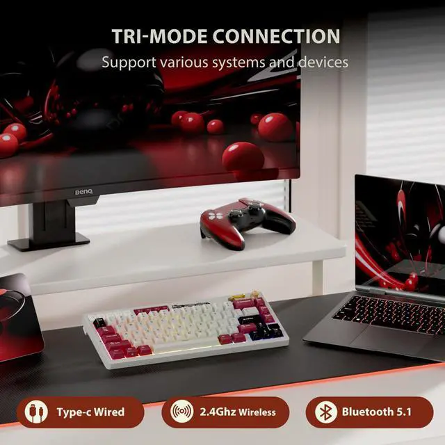 Alt view image 3 of 7 - Wireless Mechanical Keyboard with Volume Knob, 60% Tri-Mode Gaming Keyboard 2.4G/BT/USB-C, Gasket Mount, Battery Display, PBT Keycaps, Hot-Swappable Cream Switch, White