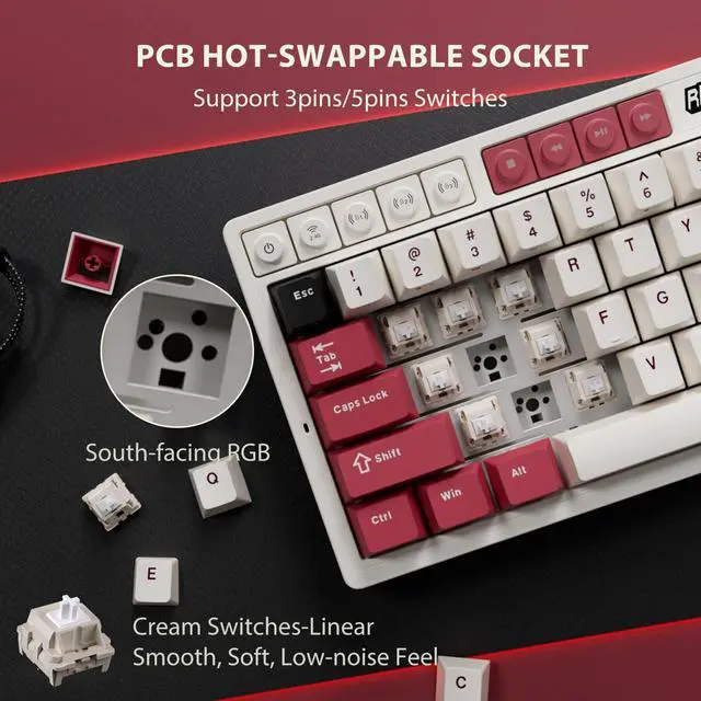 Alt view image 4 of 7 - Wireless Mechanical Keyboard with Volume Knob, 60% Tri-Mode Gaming Keyboard 2.4G/BT/USB-C, Gasket Mount, Battery Display, PBT Keycaps, Hot-Swappable Cream Switch, White