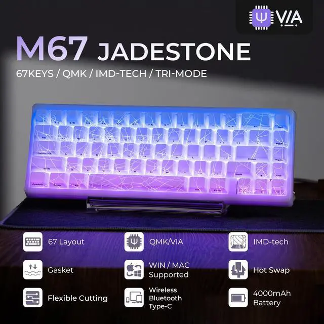 Alt view image 2 of 7 - Wireless 60% Percent Keyboard, QMK/VIA Gaming Keyboard, Tri-Mode Thocky Creamy Mechanical Key Board, Hot Swappable Gasket Mount RGB IMD Tech for Win/Mac, Spider Web Theme, White